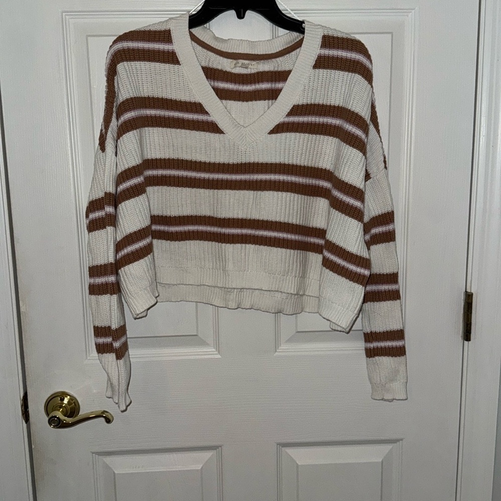 La Hearts Cream and Brown V-Neck Striped Sweater